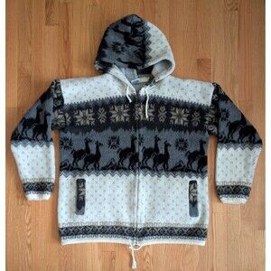 Yari Artesanias Alpaca Wool Hoodie Zip Up Sweater Llama Pattern Gray Large